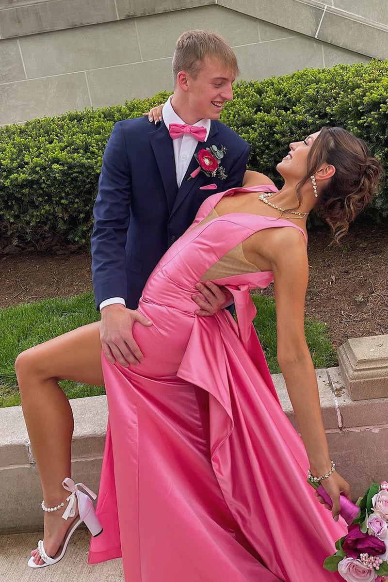 Esther | Cute Mermaid V Neck Pink Satin Long Prom Dresses with Big Bow