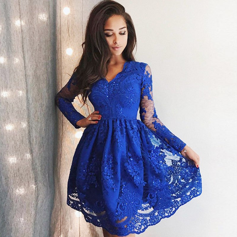 Cute Royal Blue Lace Long Sleeves Homecoming Dress Short Hoco Dresses