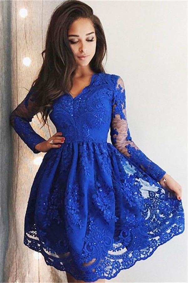 Cute Royal Blue Lace Long Sleeves Homecoming Dress Short Hoco Dresses