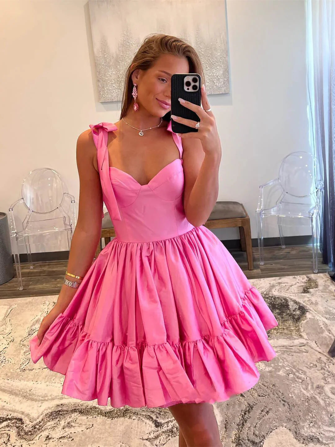 Cute Barbie Pink A-Line Satin Homecoming Dresses Mini Birthday Dresses, LTP3007