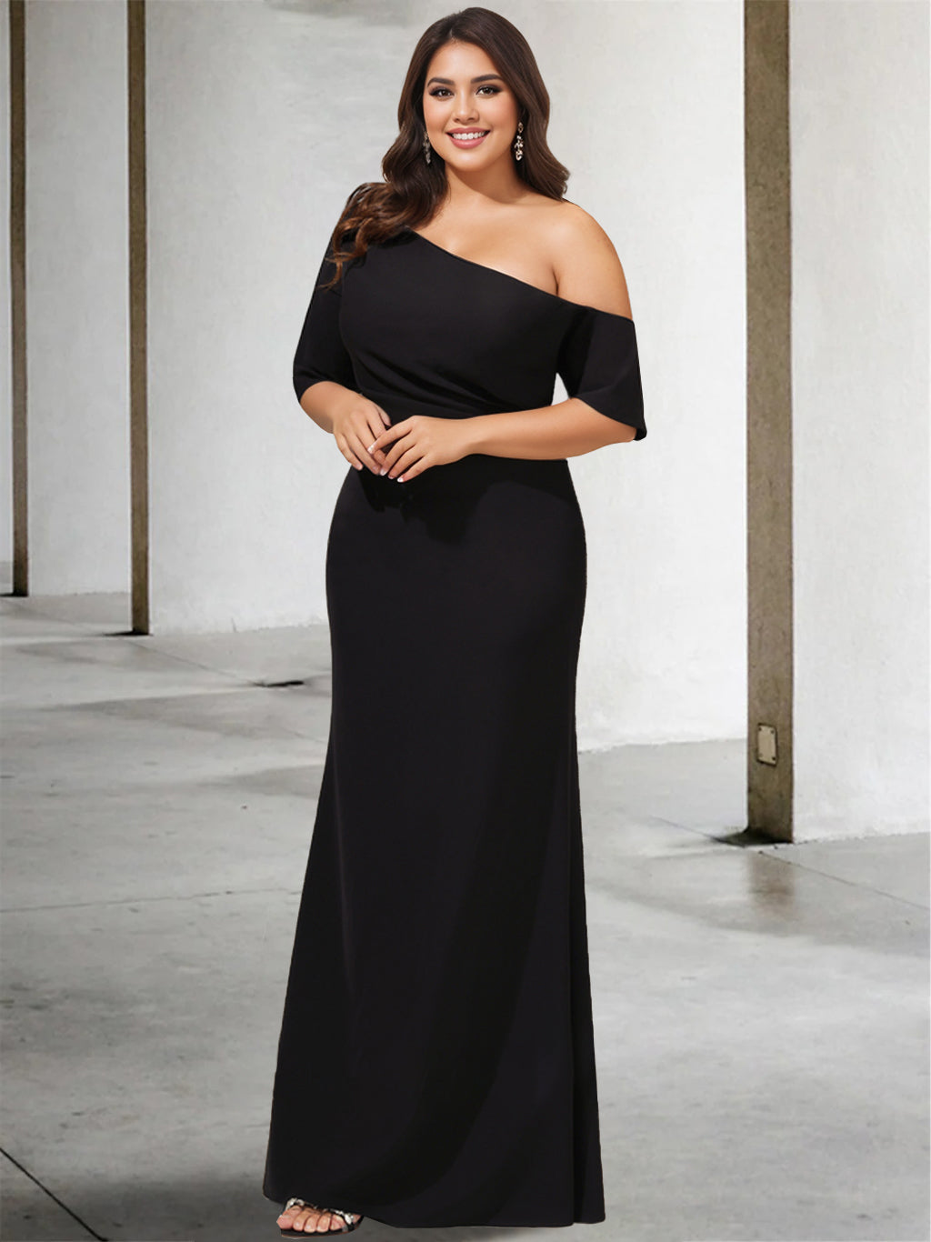 A-Line/Princess One-Shoulder 3/4 Length Sleeves Pure Color Plus Size Floor-Length Mother of the Bride Dresses