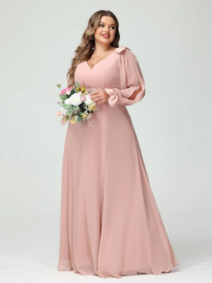 A-Line/Princess V-Neck Long Sleeves Chiffon Split Side Plus Size Bridesmaid Dresses with Pockets