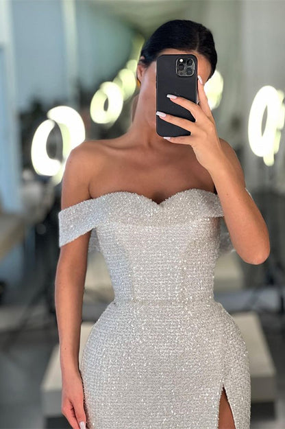 White Off-the-Shoulder Mermaid Sequins Prom Dress With Split ED0235