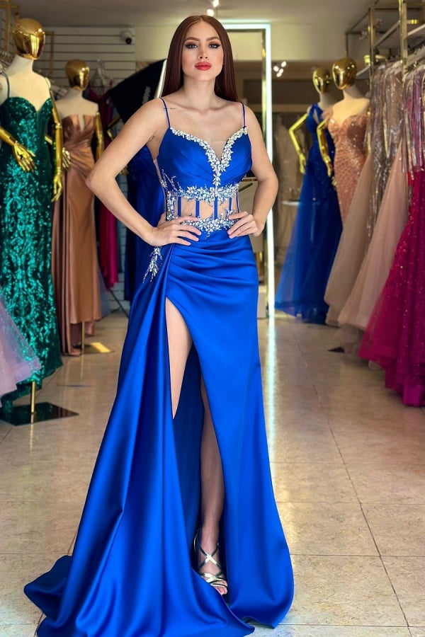 Beaded Split Royal Blue Spaghetti-Straps Prom Dress ZT0268