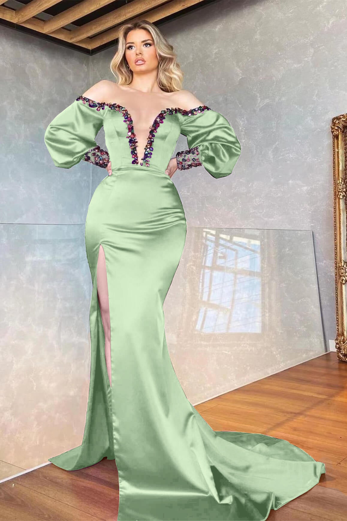 Purple V-Neck Mermaid Beadings Front Split Prom Dress Off-The-Shoulder With Long Sleeves ED0175