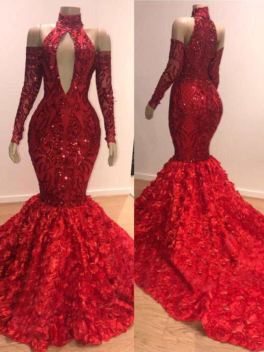 Burgundy High Collar Long Sleeves Prom Dress Mermaid Sequins PD0646