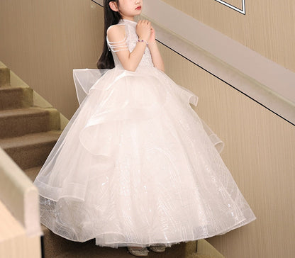 Ball Gown Halter Floor Length Girl Party Dresses with Beading Flower Appliques