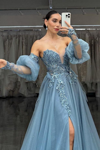 edgynewlook Charming Dusty Blue Tulle Strapless Long Sleeves Applique Prom Dress with Split