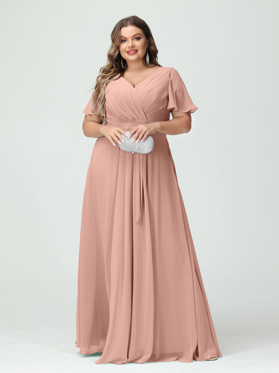 A-Line/Princess V-Neck Short Sleeves Plus Size Bridesmaid Dresses with Pockets Belt & Split Side