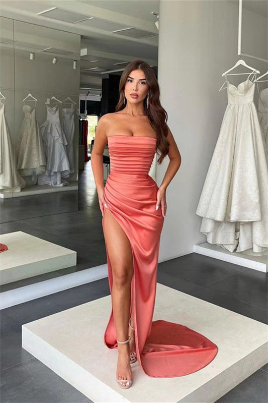 Amazing Coral Strapless Mermaid Prom Dress With Split Pleats ED0418