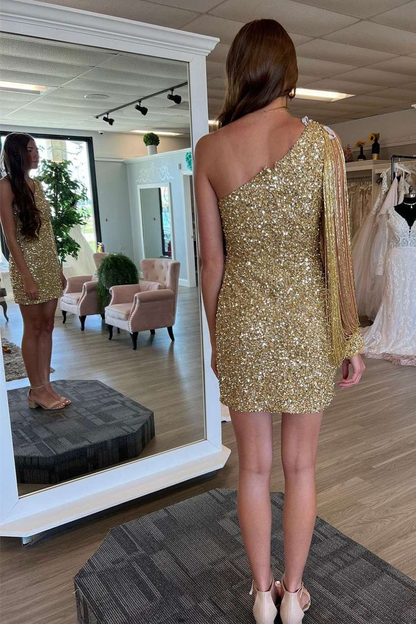 Gold Sequin One-Sleeve Short Homecoming Dress  gh1782