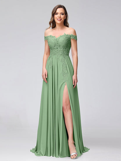 A-Line/Princess Off-the-Shoulder Sleeveless Long Bridesmaid Dresses with Side Slit & Appliqued