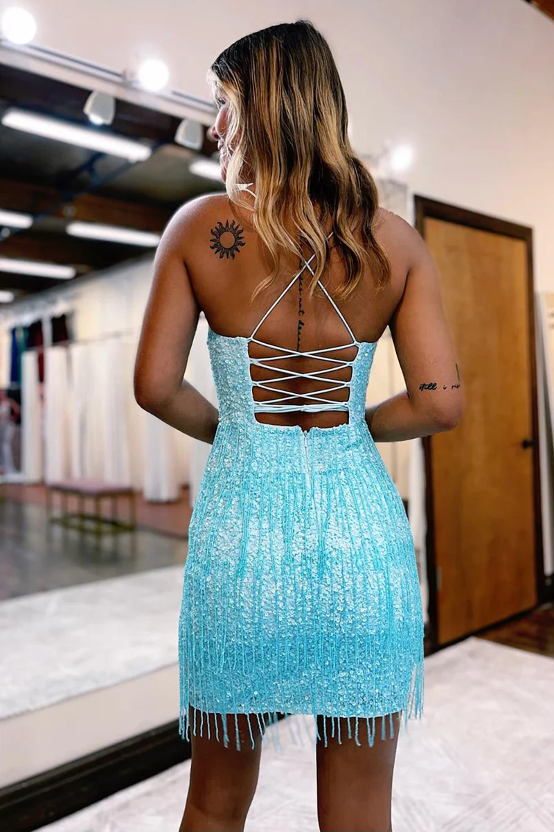 Sheath Spaghetti Straps Sky Blue Short Homecoming Dress with Tassel gh2668