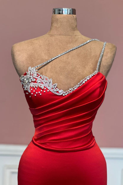 Red Prom Dress With One Shoulder Beadings Sleeveless Long Satin YL0196