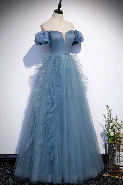 Edgynewlook Gorgeous Dusty Blue Off-The-Shoulder Long Prom Dress Tulle With V-Neck