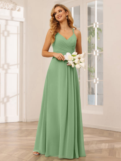 A-Line/Princess V-Neck Sleeveless Floor-Length Bridesmaid Dresses with Ruffles