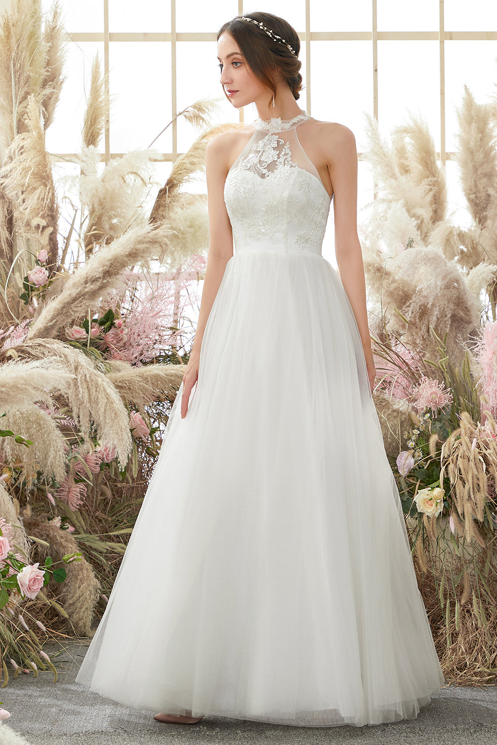 White Halter Neck Wedding Dress