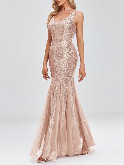 Trumpet/Mermaid Sleeveless V-Neck Sparkle Dress Evening Dresses With Sequin