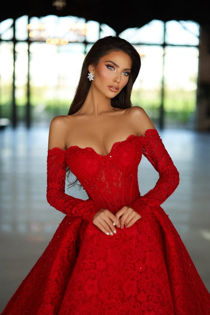 edgynewlook Red Strapless A-Line Beads Prom Dress Long Sleeves with Lace Appliques