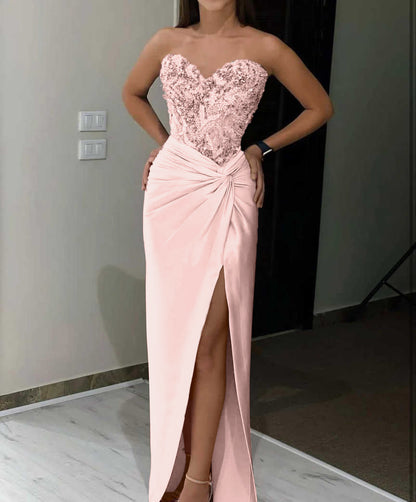 Pink Sequin Applique Prom Dress Long with High Slit