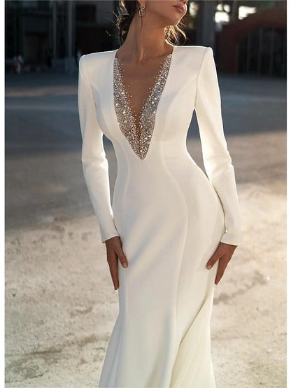 Mermaid/Trumpet V-Neck Long Sleeves Floor-Length Wedding Dresses with Beading