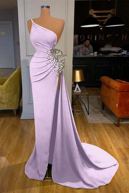 Green One-Shoulder Sleeveless Beadings Mermaid Prom Dress Split ED0025