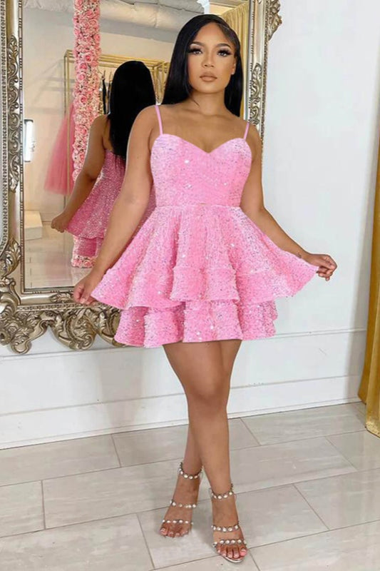 Glamorous Pink Spaghetti Strap Homecoming Dress Backless Sequins Prom Dress YO070