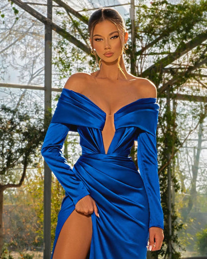 edgynewlook Royal Blue Long Sleeve Strapless Split Prom Dress