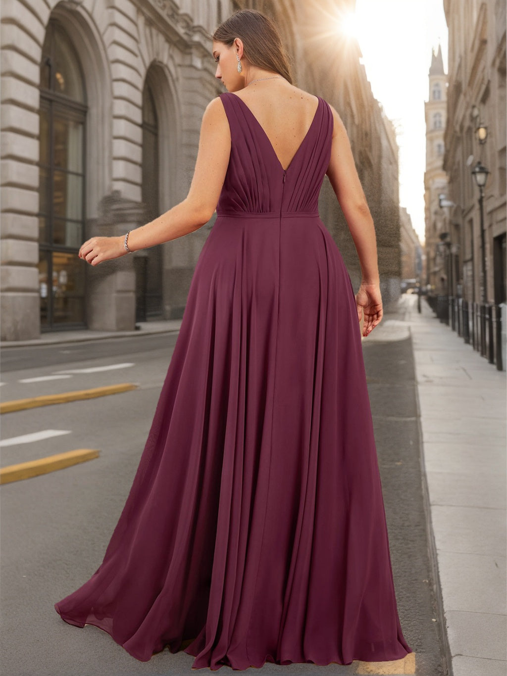 A-Line/Princess V-Neck Sleeveless Floor-Length Chiffon Unique Plus Size Bridesmaid Dresses with Ruffles