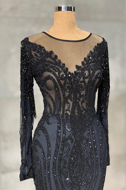 Classic Black Mermaid Prom Dress Long Sleeves With Tulle ED0612