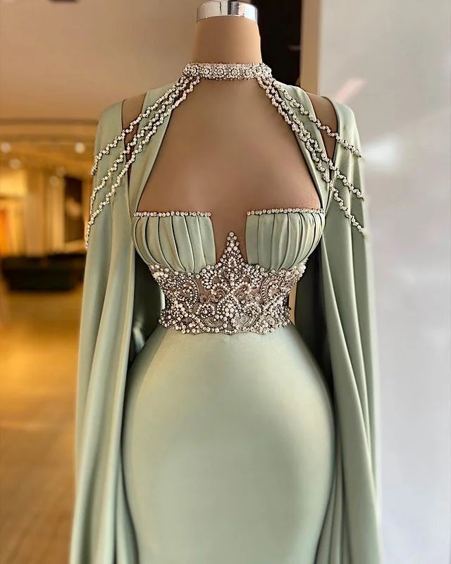 Elegant Halter Green Beads Prom Dress Long A Line Mermaid Dress HT0051