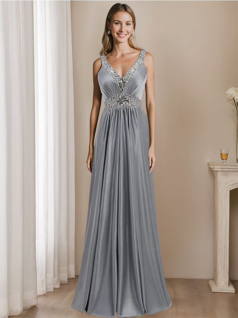 A-Line/Princess V-Neck Floor-Length Sleeveless Mother of the Bride Dresses With Rhinestone