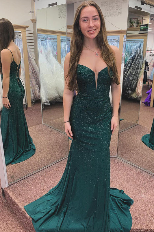 Dark Green Spaghetti Straps Beaded Mermaid Long Prom Dresses