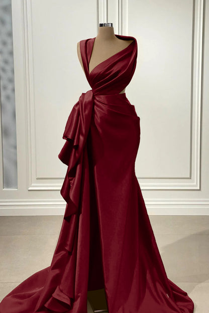 Elegant Red Charmeuse Long Prom Dress With High Slit YL0267