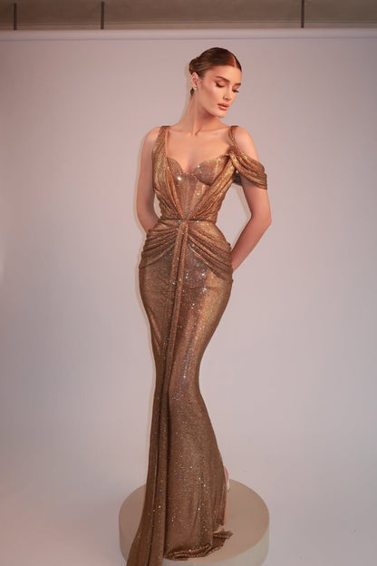 edgynewlook Gold Long Prom Dress Mermaid Sleeveless with Sequins