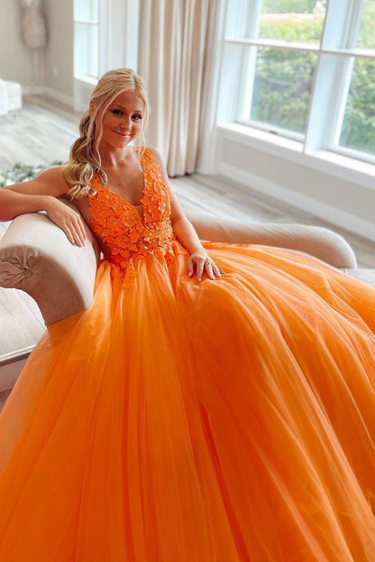 Marigold |A-Line V-Neck Long Tulle Prom Dress with Appliques