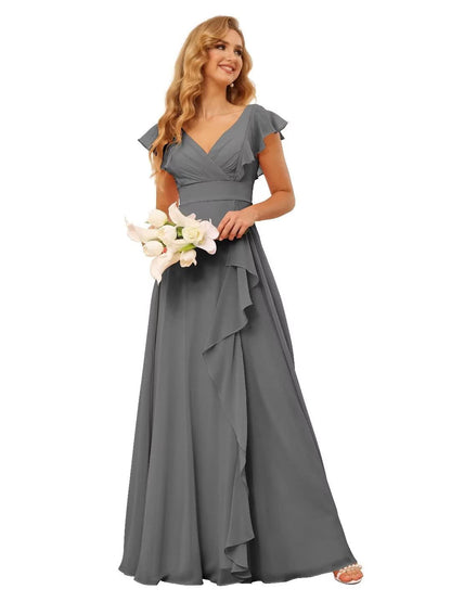 A-Line/Princess  V Neck Short Sleeve Floor Length  Bridesmaid Dresses With  Ruffled Split