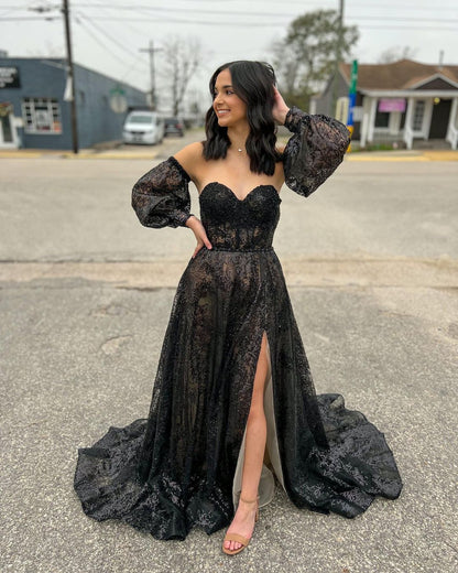 Trina | Cute A Line Sweetheart Black Sequins Long Prom Dresses