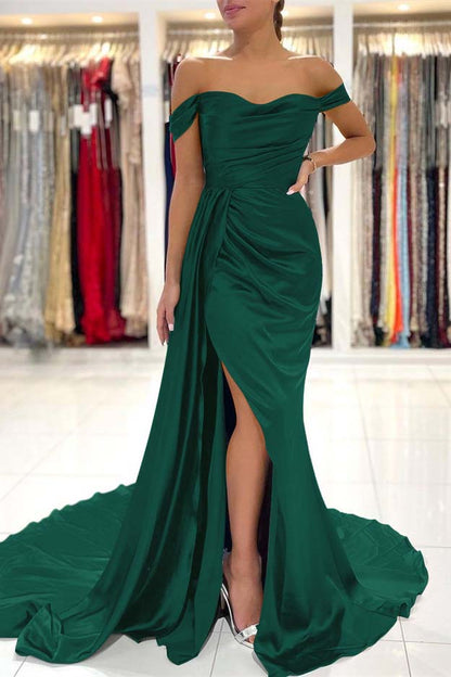 edgynewlook Mermaid Dark Green Off-the-Shoulder Prom Dress Split With Ruffles