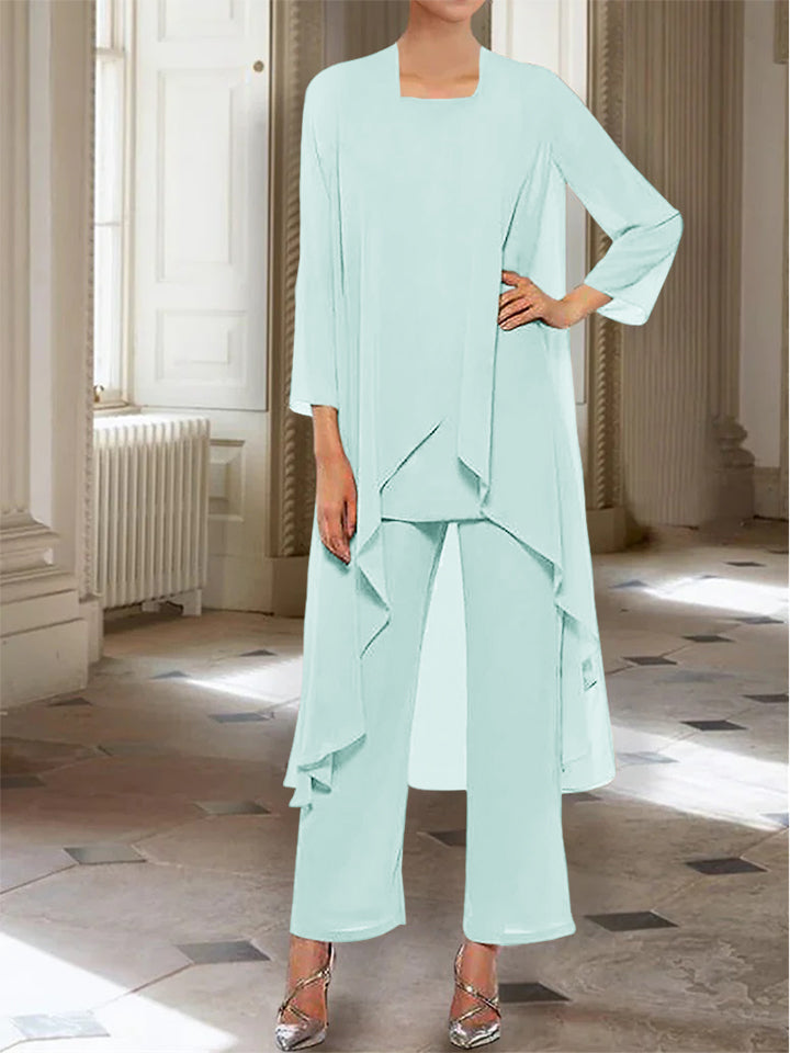 Chiffon Round Neck 3/4 Length Sleeves Ankle-Length Mother of the Bride Pantsuits with Jacket