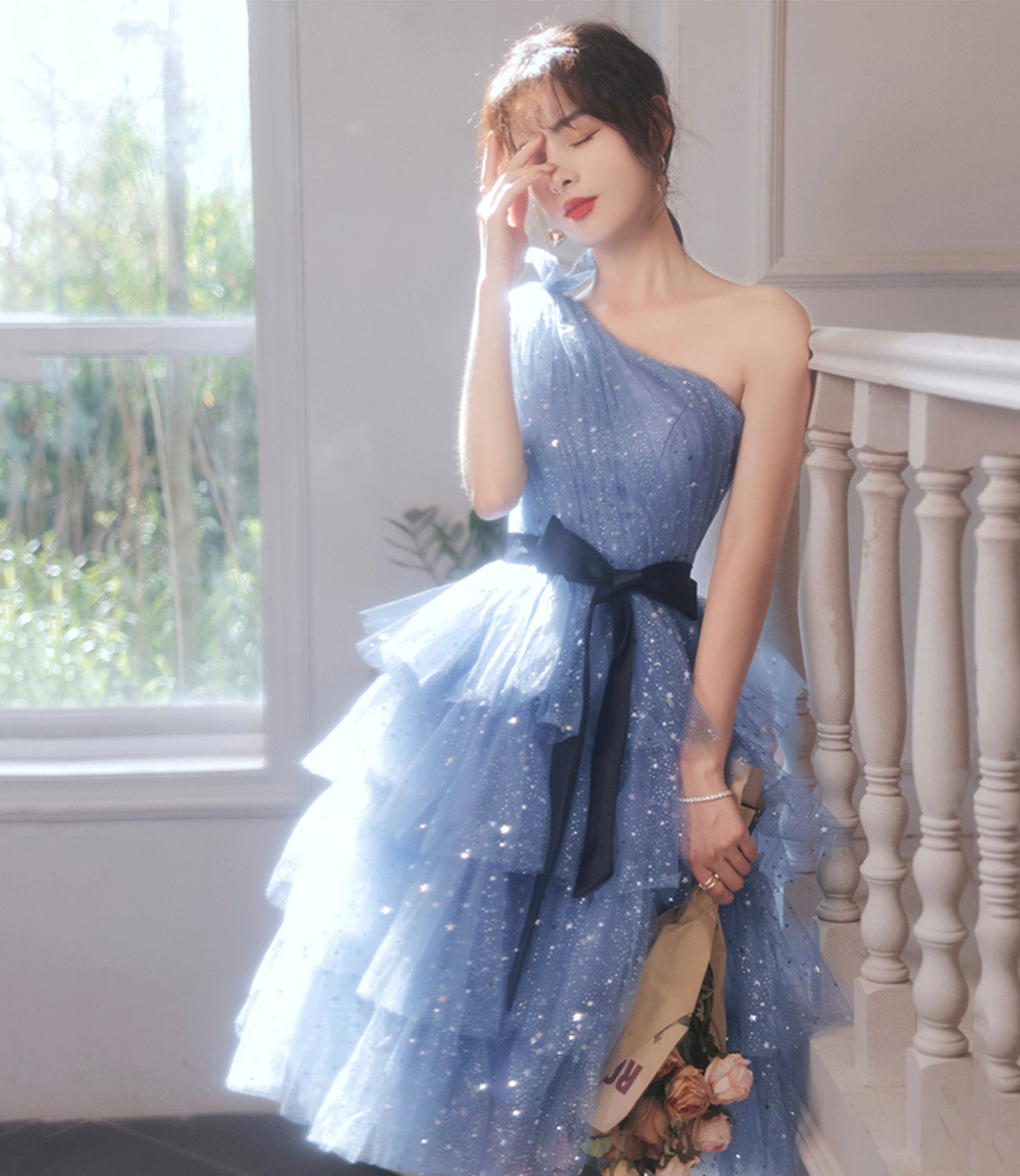 Blue tulle short prom dress one shoulder evening dress  8895