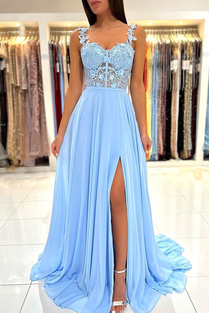 Baby Blue Sweetheart A Line Lace Long Prom Dress With Slit YL0034