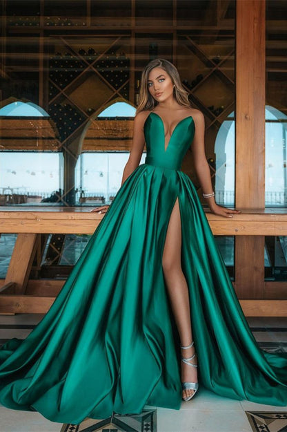 edgynewlook Long V-Neck Emerald Green Prom Dress With Split