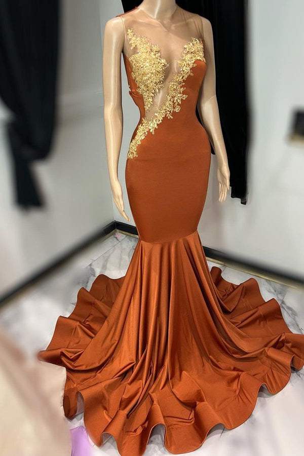 Sleeveless Tulle With Appliques Mermaid Brown Long Prom Dress YL0074