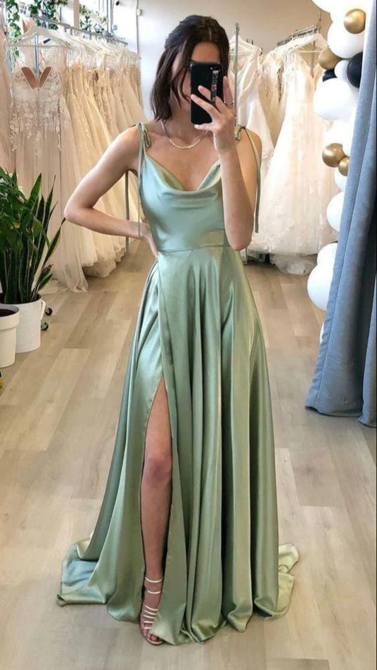 Slit Sage Green Bridesmaid Dress  gh1064