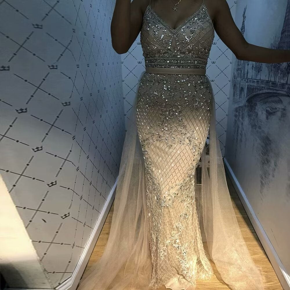 Okdais Fashion Champagne Sequined Mesh Prom Dress Long Sleeveless A Line Backless LM0042