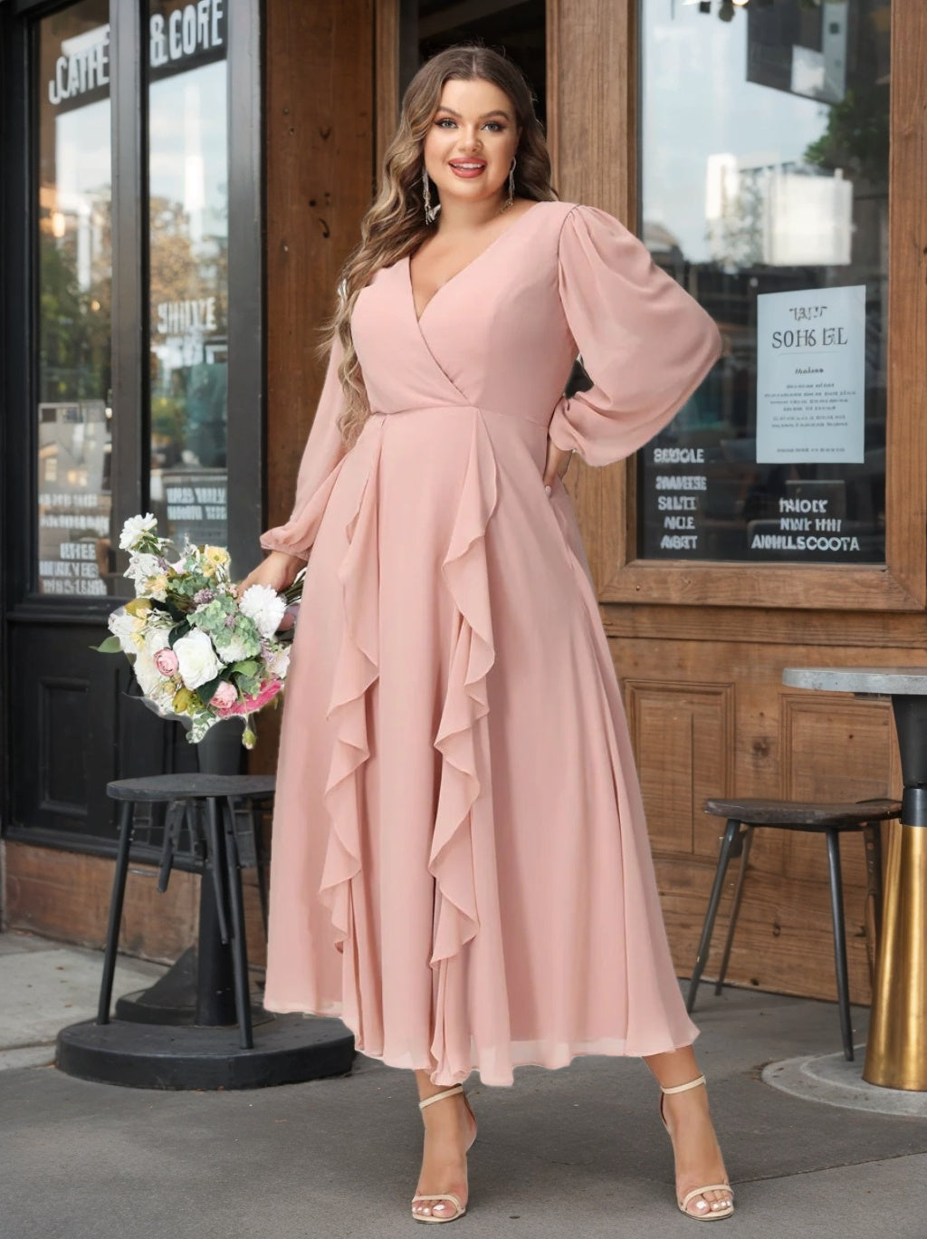 A-Line/Princess/Princess V-Neck Long Sleeves Chiffon Tea-Length Plus Size Bridesmaid Dresses with Pockets & Ruffles