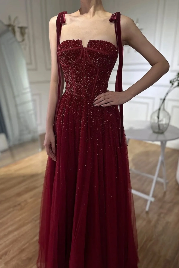 Burgundy Beaded Mesh Charming Prom Dress ZT0327