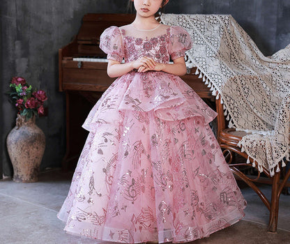 Ball Gown Short Sleeves Flower Girl Party Dresses with Rhinestone Appliques