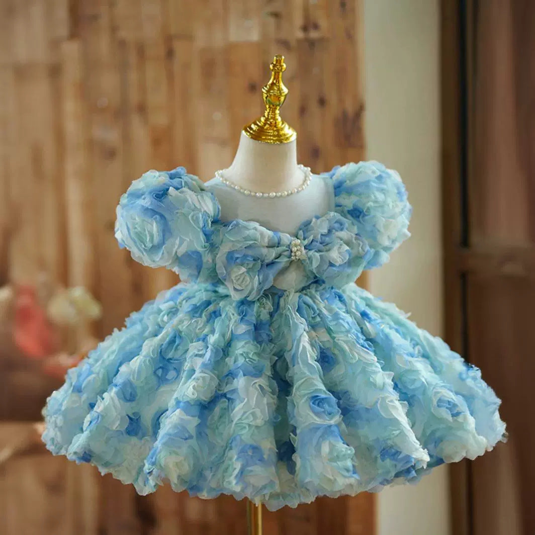 Beaded Round Neck Short Sleeves Knee-Length Baby Girl Dress with Ruched Flowers